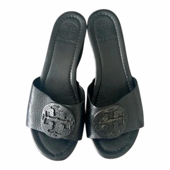 Tory Burch Shoes - Tory Burch Black Embossed Logo Leather Slides